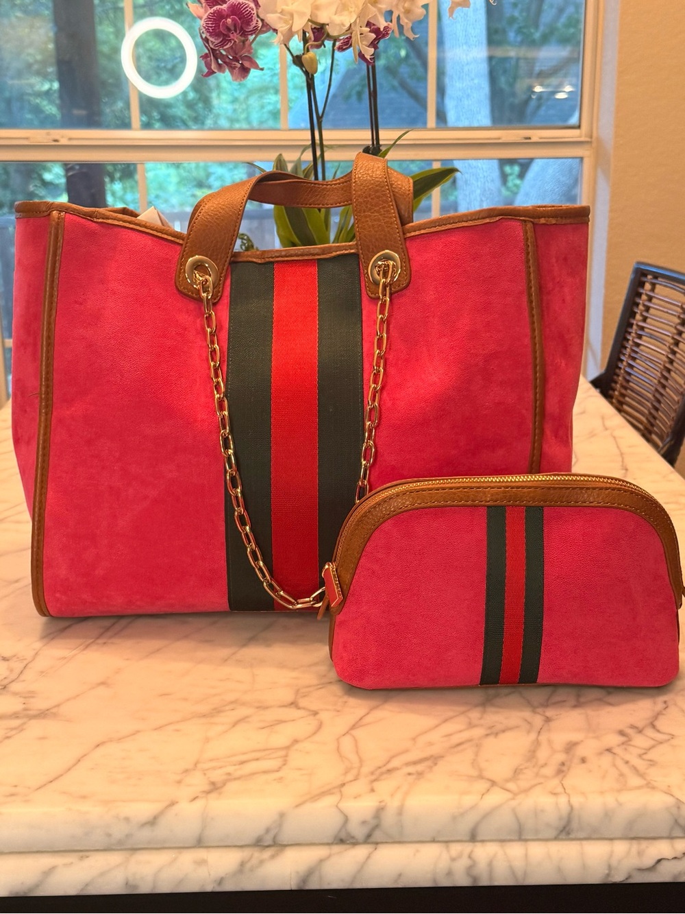 Shiraleah Pink Suede Tote and Pouch with Green and Red Stripe